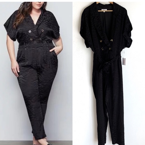 Good American Summer Boss Double Breasted Satin Jumpsuit Black Sz 6/3X NWT - Picture 1 of 3